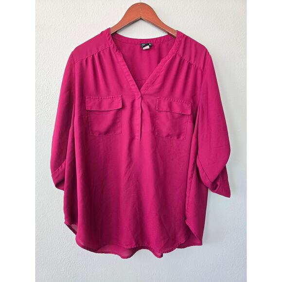 Torrid Magenta V-Neck Blouse w/ Roll Tab Sleeves Chic Office to Weekend Top 2X - Picture 2 of 7